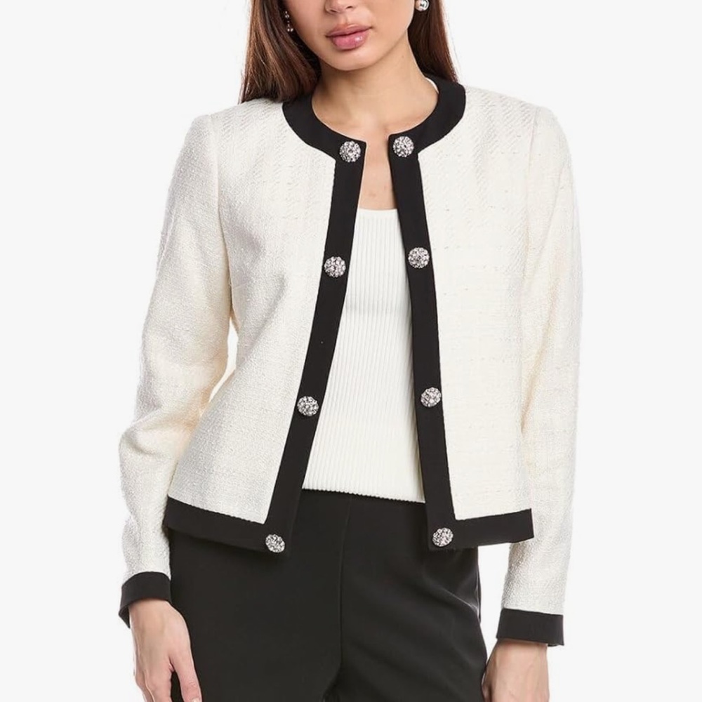 Anne Klein Women's Plus Size Tweed Framed Embellished Cardigan Sweater White 16